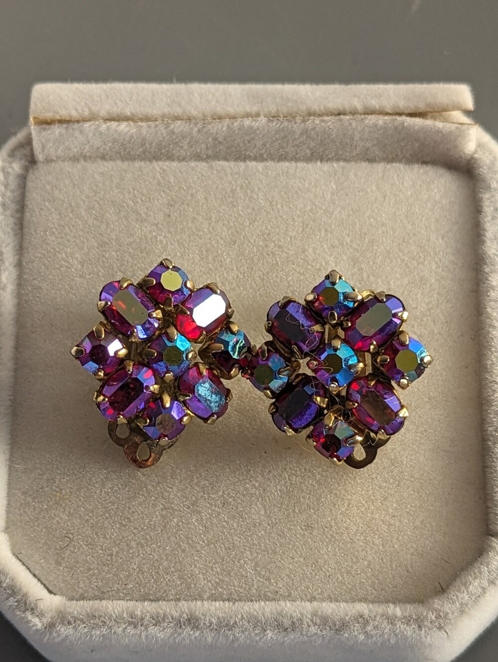 Sherman Vintage 1950s Signed Fuchsia Aurora Borealis Rhinestone Clip-On Earrings